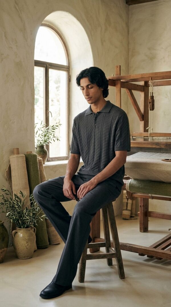Homme assis portant un polo gris — رجل يجلس وهو يرتدي بولو رمادي