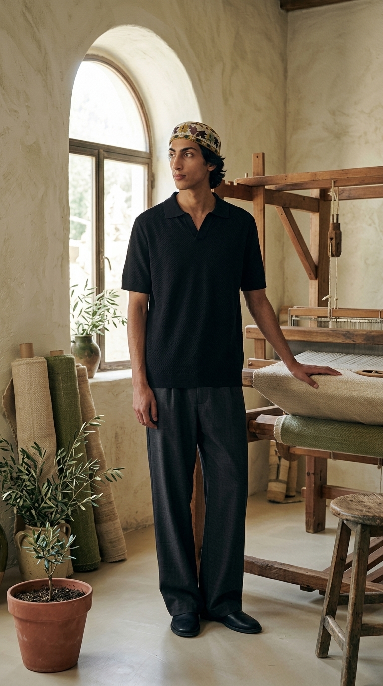 Homme debout portant un polo noir — رجل يقف وهو يرتدي بولو أسود